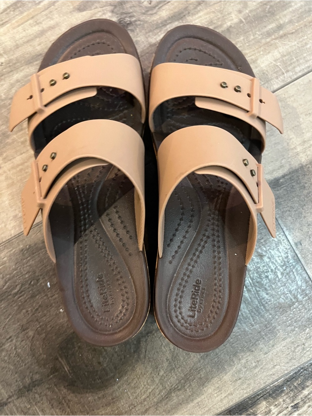 Crocs Brooklyn Double Buckle Platform Sandals LITERIDE Cork Wedge Taupe Womens 8 - Picture 8 of 9